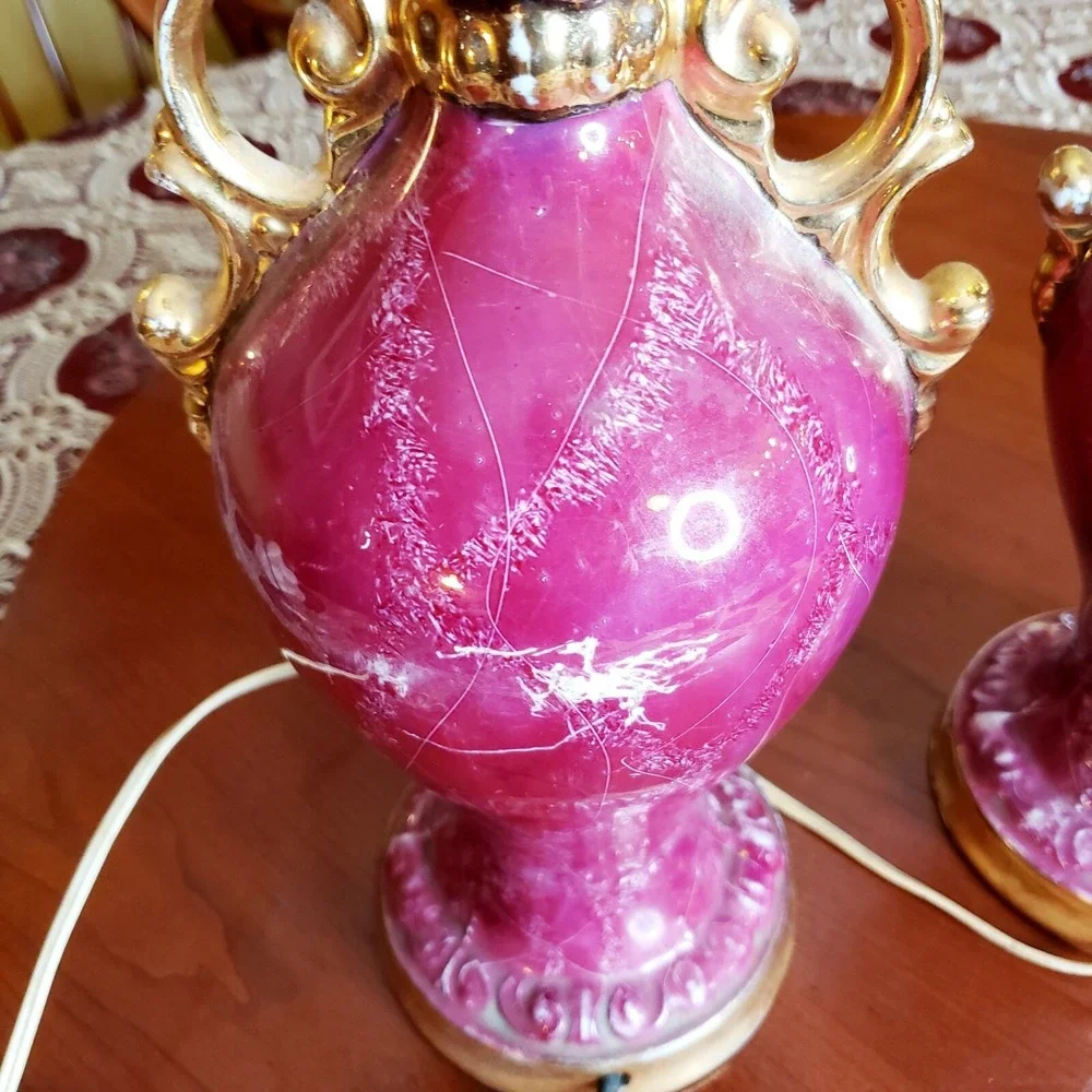 Pair of Vintage Pink Porcelain Victorian Courtship Scene Table Lamps - Gold trim